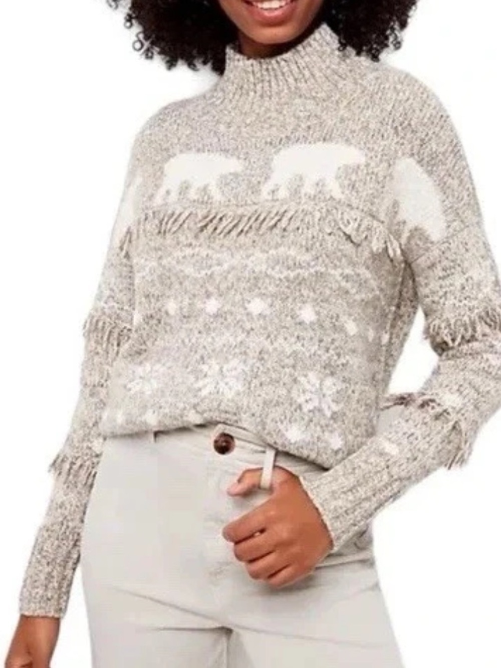 LOFT Mock Neck Marled Knit Polar Bear Sweater in Heathered Gray and Cream XS